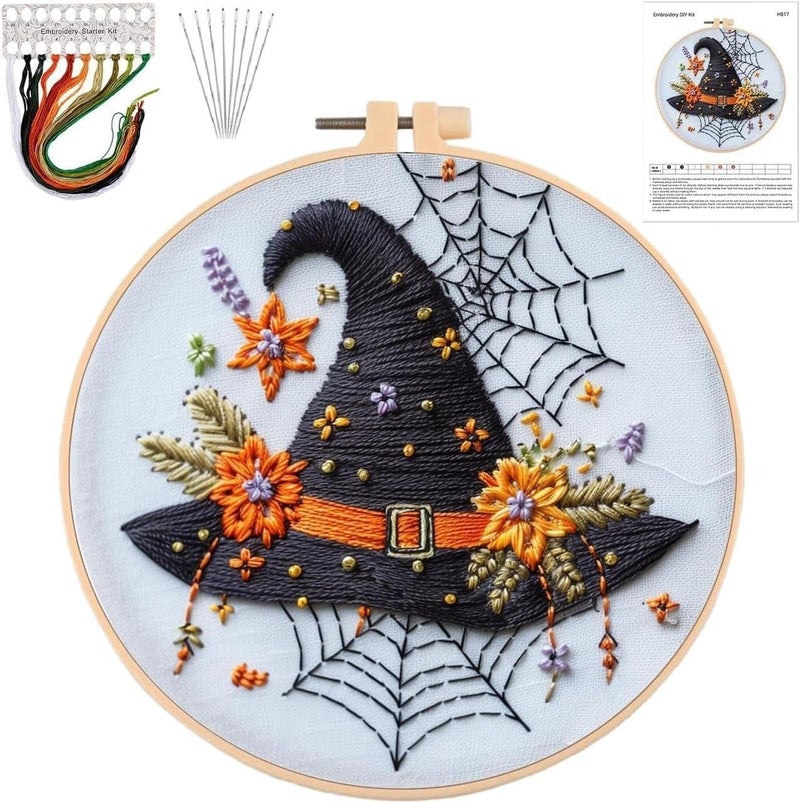YOUDRN Halloween Embroidery Kit,Halloween Cross Stitch Kit,DIY Embroidery Kits for Adults,Embroidery Kit for Beginners with Pattern,Cotton Threads,Needles,Instruction,20cm Hoop,for Decor Home Room(Witch hat) - Image 1